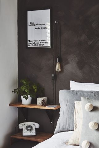 Bedroom with shelves as side tables