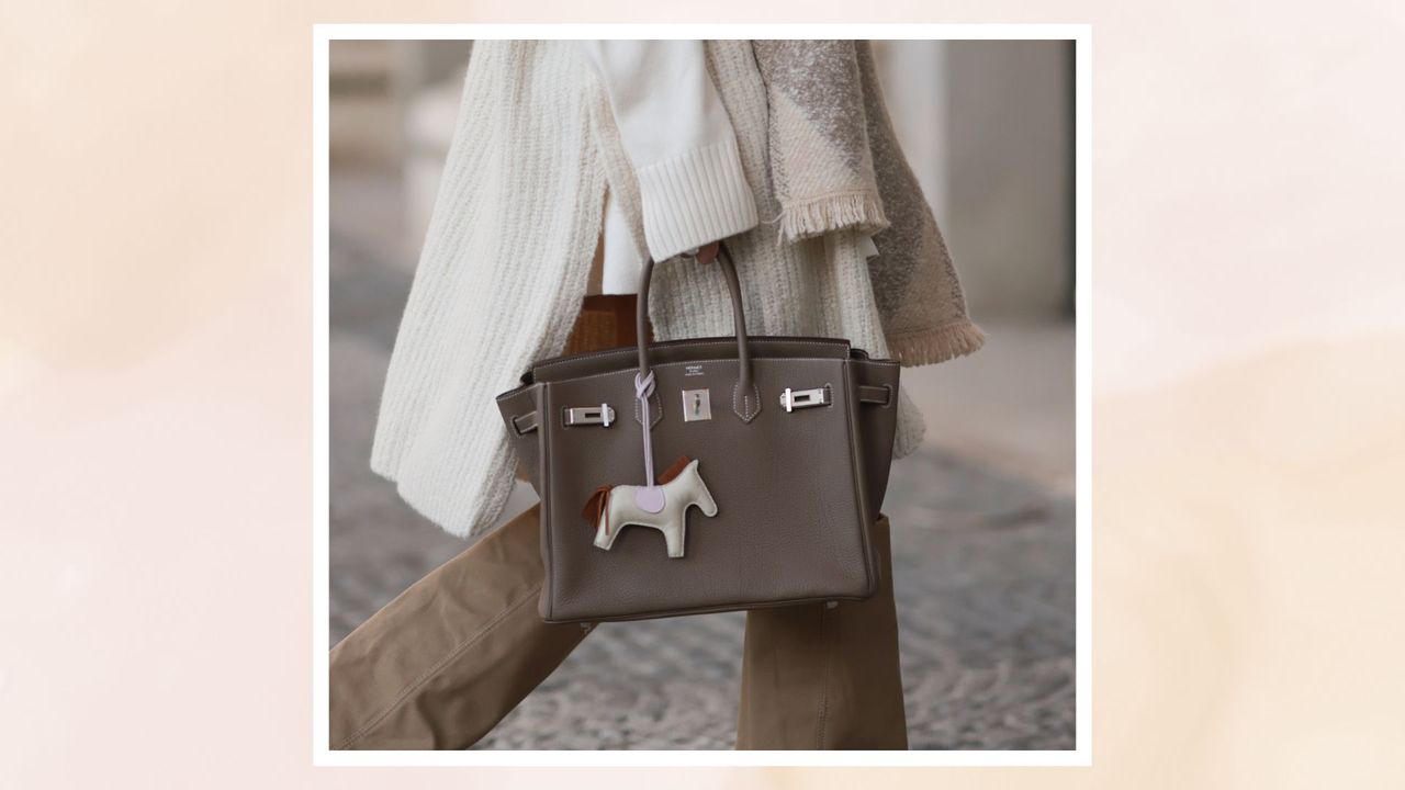 street style shot showing bag charms trend on a birkin bag