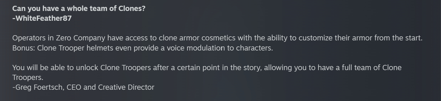 A screenshot from the Star Wars Zero Company Q&amp;amp;A on Steam, specifically a question about Clone Trooper teams.