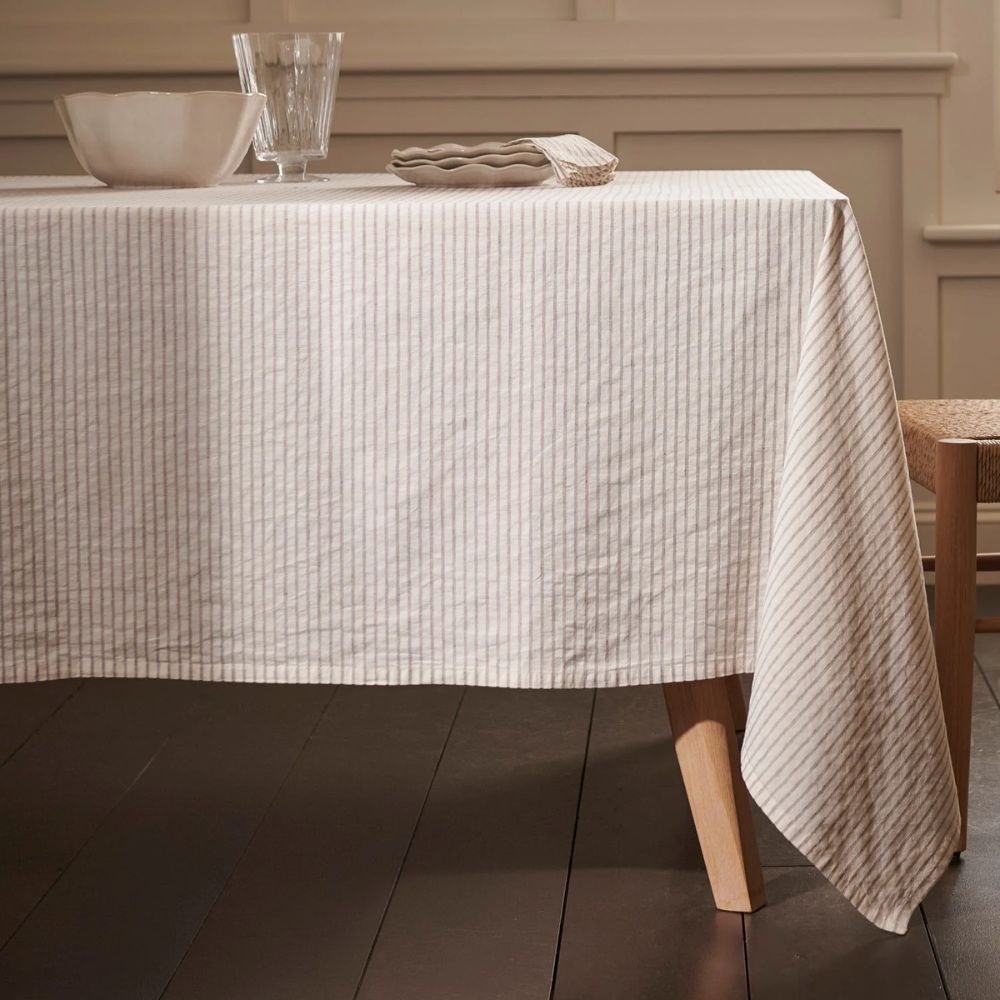 neutral striped tablecloth