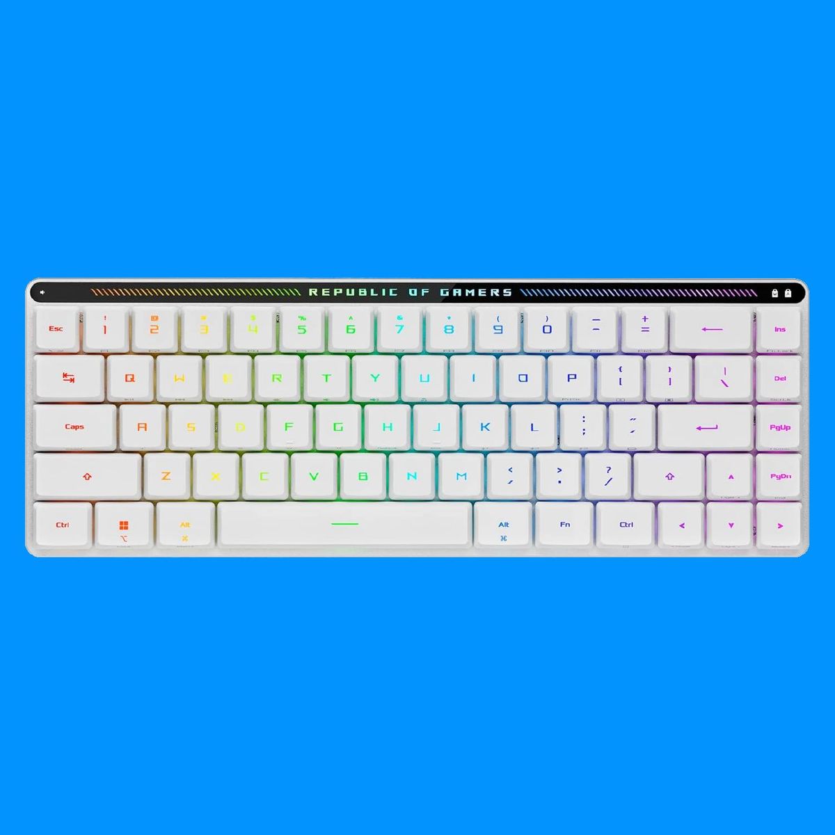 Asus ROG Falchion RX Low Profile gaming keyboard on a blue background