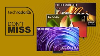 TV dals roundup don't miss image with Samsung S95D, LG B4, and Hisense U8N on yellow background 