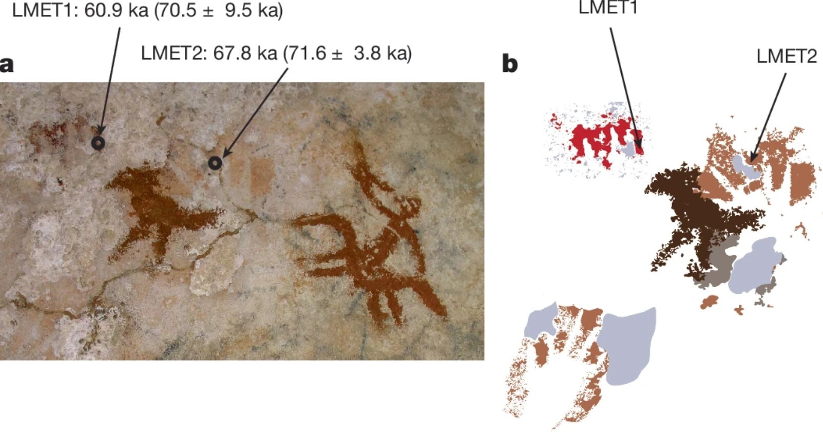 Two images side by side show rock art against a wall and a geographic map next to the image.