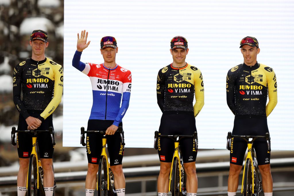 BILBAO SPAIN JUNE 29 LR Nathan Van Hooydonck of Belgium Dylan Van Baarle of The Netherlands Wout Van Aert of Belgium and Christophe Laporte of France and Team JumboVisma during the team presentation of the 110th Tour de France 2023 at the Guggenheim Museum Bilbao UCIWT on June 29 2023 in Bilbao Spain Photo by Michael SteeleGetty Images