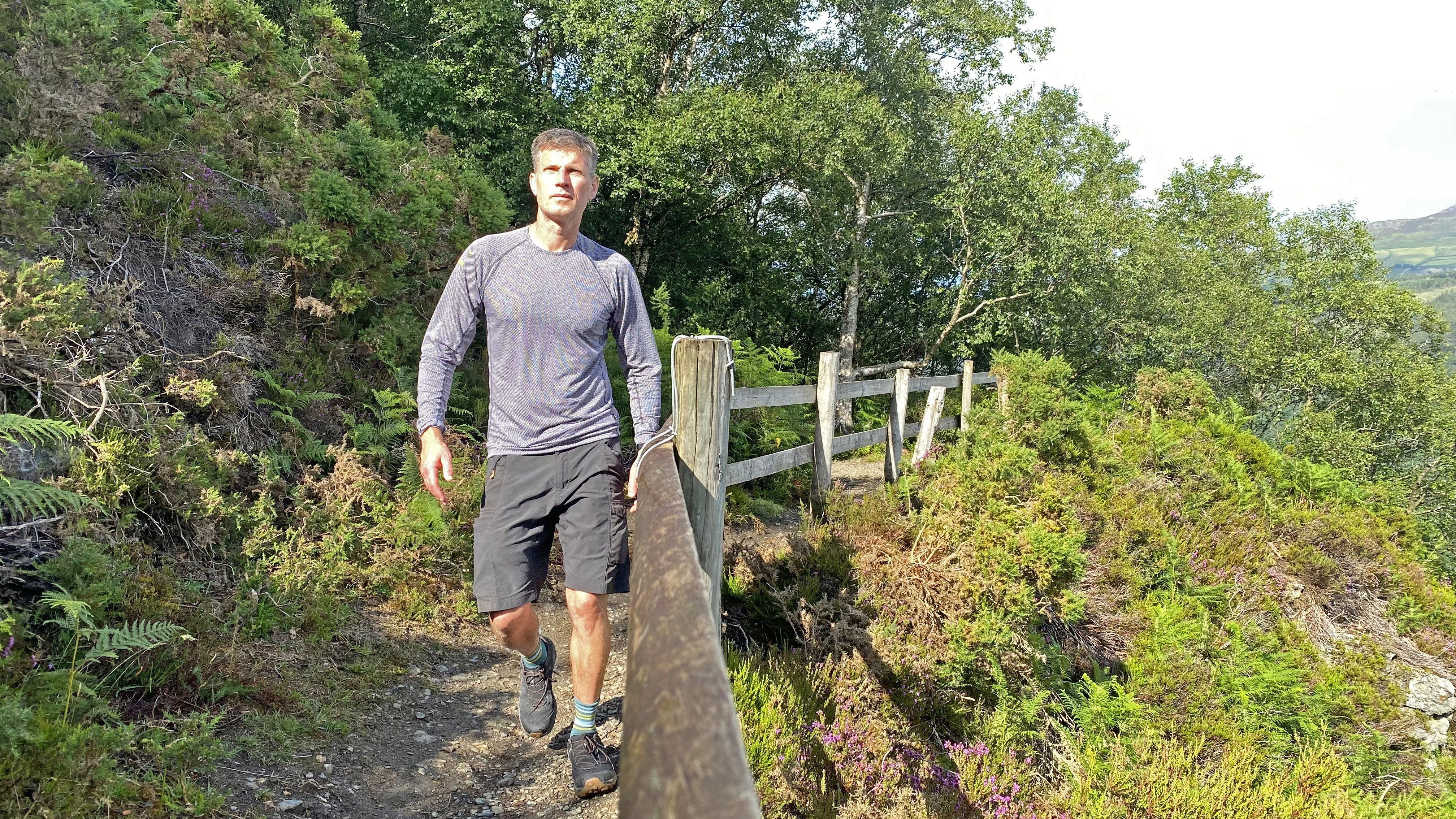 Hiker wearing the Haglöfs L.I.M. ZT II Air Base Layer