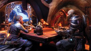 God of War Ragnarok; fantasy characters sit around a bar table