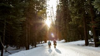 Two people hiking in the winter in the snow