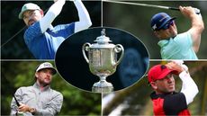 Four golfers and the PGA Championship Wanamaker Trophy