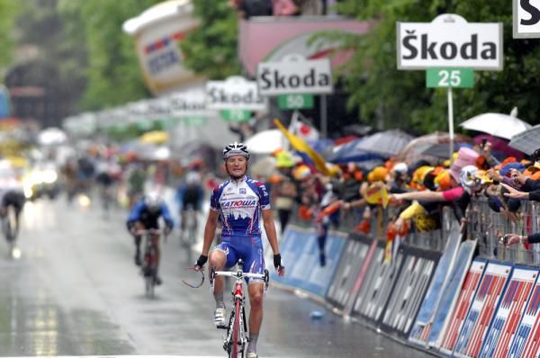 Evgeni Petrov (Team Katusha) sits up to cross the line