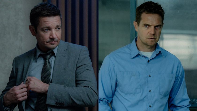 From left to right: A side by side of Jeremy Renner putting something in his jacket and Taylor Handley walking and glaring in Mayor of Kingstown. 