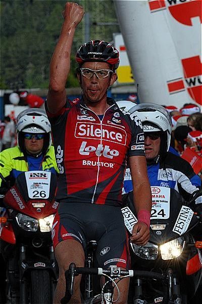 Leif Hoste celebrates after delivering McEwen to the sprint win.
