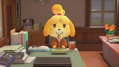 A screenshot of Isabelle doing the daily announcements on an Island in Animal Crossing: New Horizons 