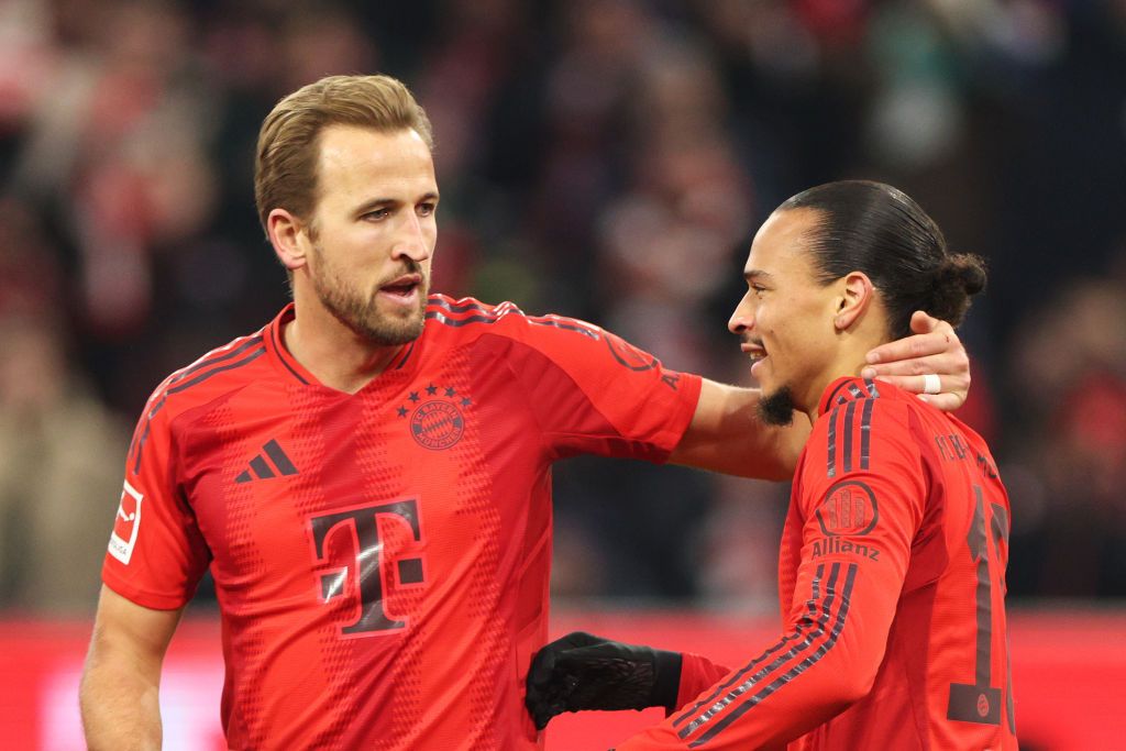 MUNICH, GERMANY - FEBRUARY 07: Leroy Sane of Bayern Munich celebrates scoring his team&#039;s second goal with team mate Harry Kane during the Bundesliga match between FC Bayern München and SV Werder Bremen at Allianz Arena on February 07, 2025 in Munich, Germany. (Photo by Adam Pretty/Getty Images)