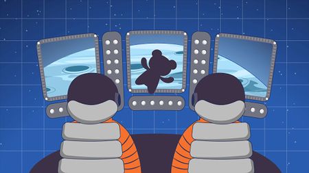 Illustration of two astronauts, seen from the back, seated at a spacecraft's controls with the silhouette of a toy bear floating between them.