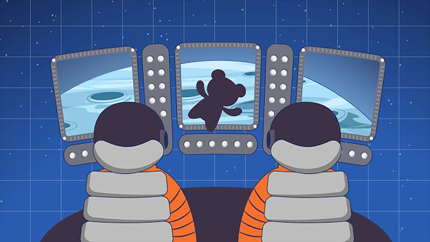 Illustration of two astronauts, seen from the back, seated at a spacecraft&#039;s controls with the silhouette of a toy bear floating between them.