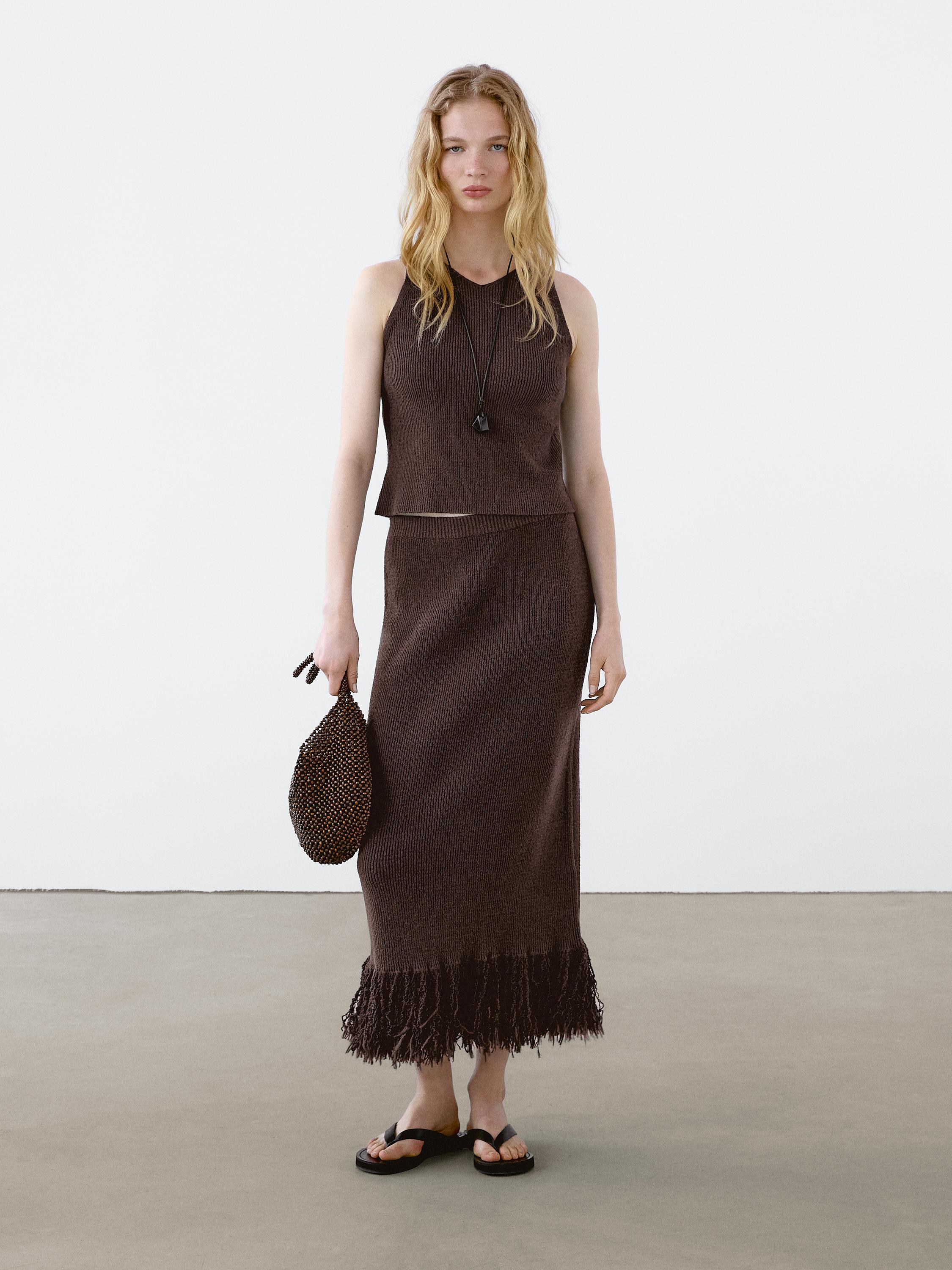 Massimo Dutti, Long Knit Skirt With Fringed Hem