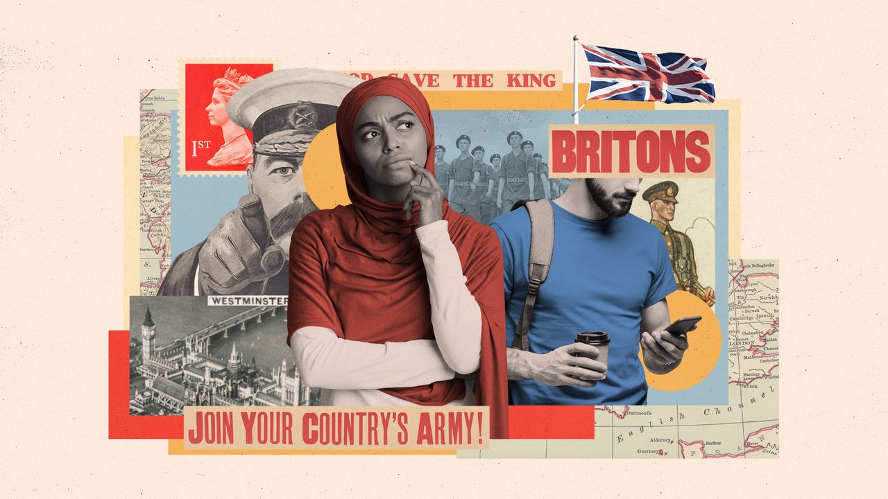 Photo composite illustration of Gen Z individuals surrounded by pro-Britain military imagery