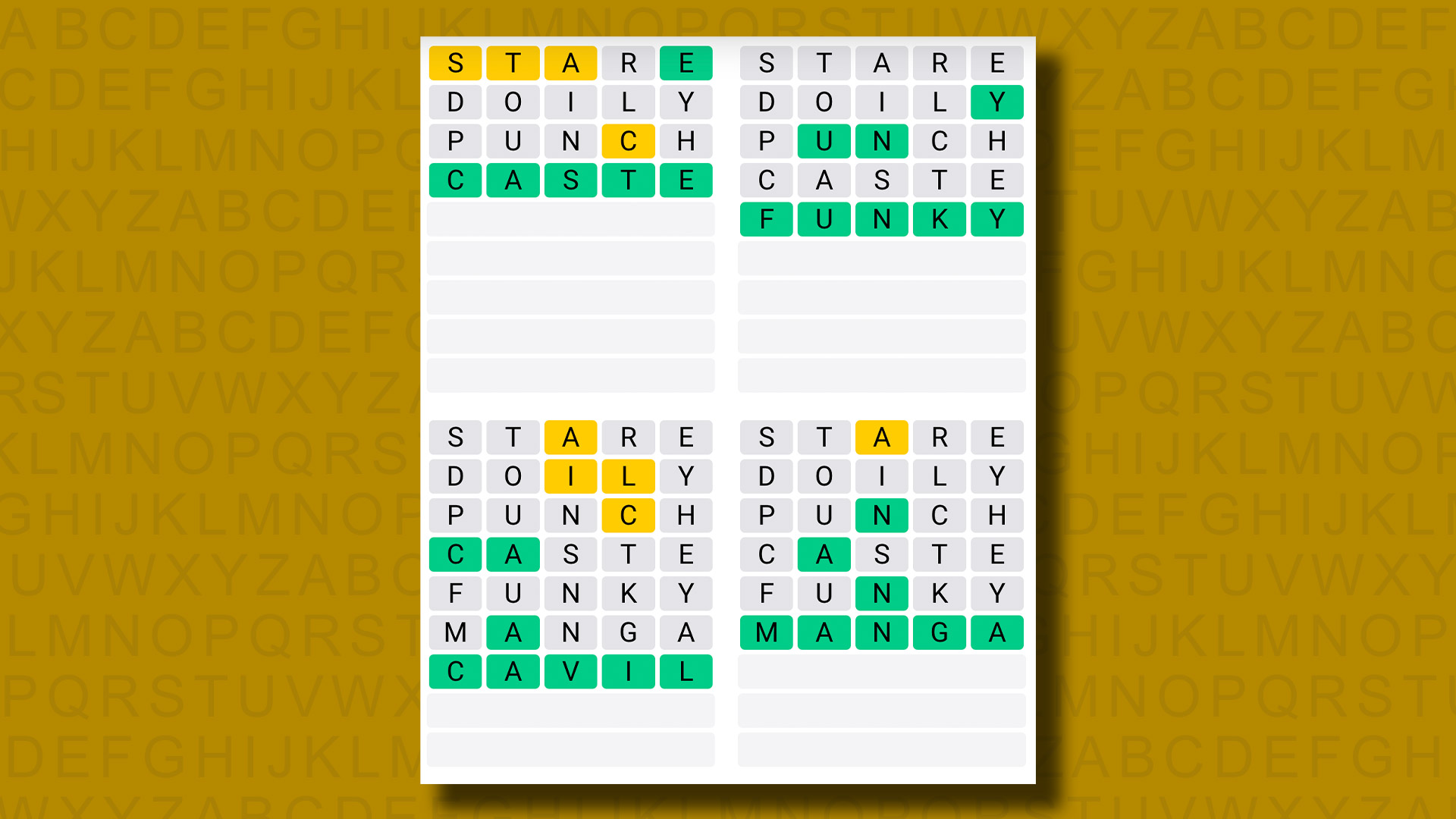 Quordle responde al juego #818 sobre un fondo amarillo