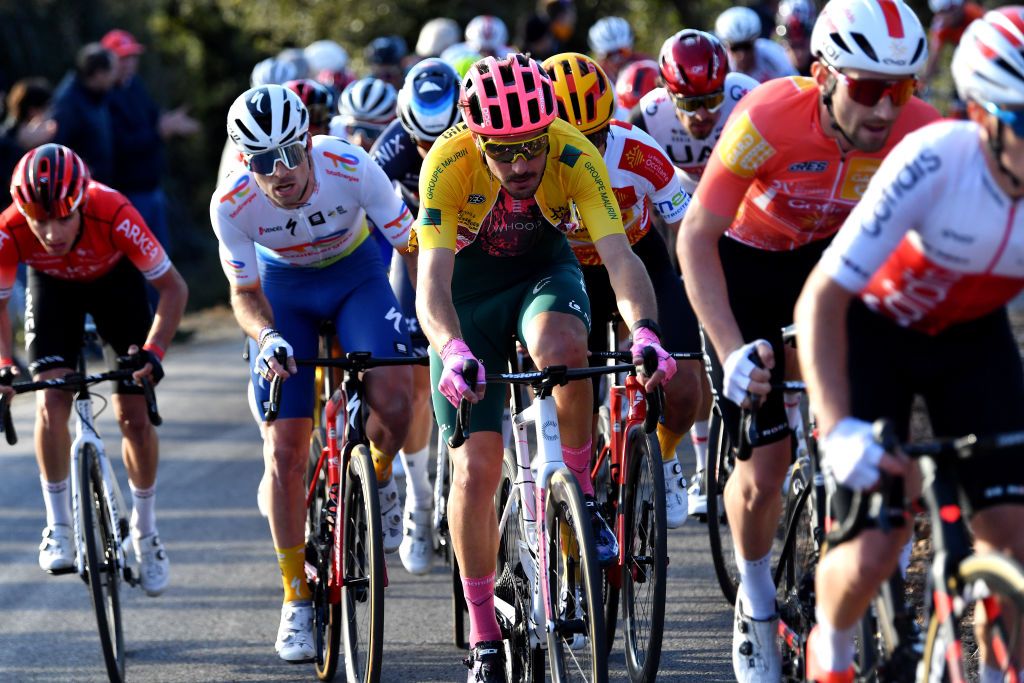 GARD FRANCE FEBRUARY 05 Alberto Bettiol of Italy and Team EF Education Easypost Yellow Points Jersey competes during the 52nd toile De Bessges Tour Du Gard 2022 Stage 4 a 145km stage from Saint Hilaire de Brethmas to Mont Bouqueton 617m EDB2022 February 05 2022 in Gard France Photo by Luc ClaessenGetty Images