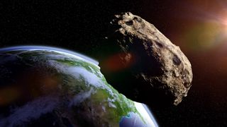 An illustration of an asteroid approaching Earth