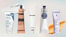 Five of the best hand creams from (left to right) CeraVe, Aesop, Necessaire, L'Occitane and Caudalie, set in front of two product swatches against a pastel pink, blue and yellow ombre effect background