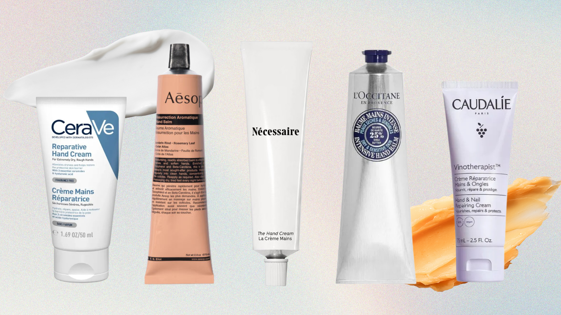 Five of the best hand creams from (left to right) CeraVe, Aesop, Necessaire, L'Occitane and Caudalie, set in front of two product swatches against a pastel pink, blue and yellow ombre effect background 
