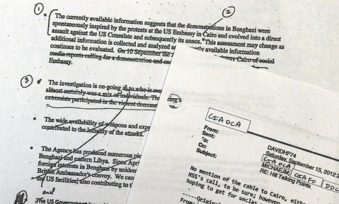 A portion of pages of emails the White House released on May 15, which show how the Obama administration crafted its talking points about Benghazi.