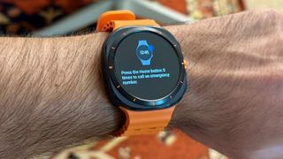 "Press the Home button 5 times to call an emergency number" reads the text on the Samsung Galaxy Watch Ultra