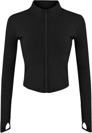 Gihuo Women's Athletic Full Zip Lightweight Workout Jacket Cropped Gym Yoga Track Jacket With Thumb Holes (black, Medium)