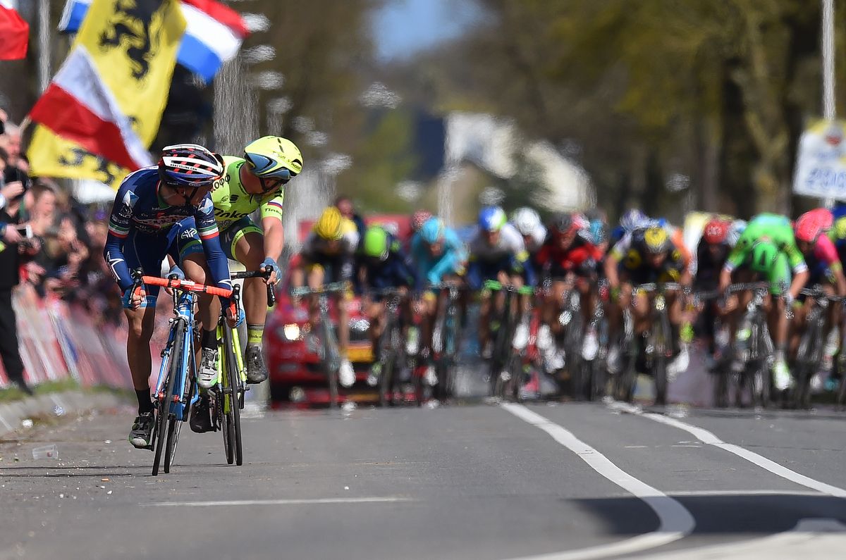 Enrico Gasparotto and Michael Valgren check their lead coming into the finish line