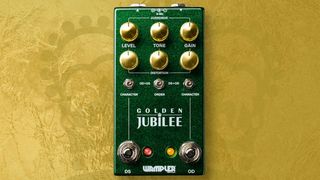 Wampler Golden Jubilee: the sparkly-green stompbox has gold anodized dials and two channels of drive to play with, placing classic Plexi and Mesa-style sounds into a compact housing.