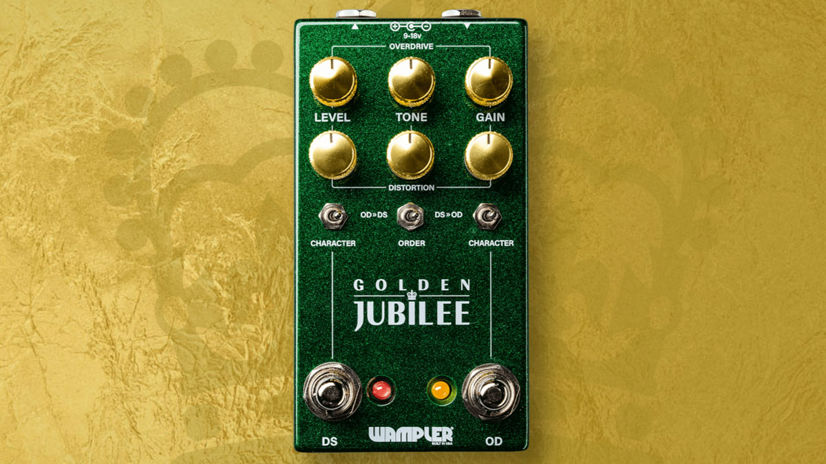 Wampler Golden Jubilee: the sparkly-green stompbox has gold anodized dials and two channels of drive to play with, placing classic Plexi and Mesa-style sounds into a compact housing.