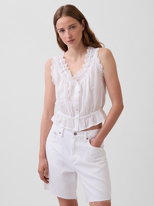 Eyelet Tie-Front Crop Peplum Top