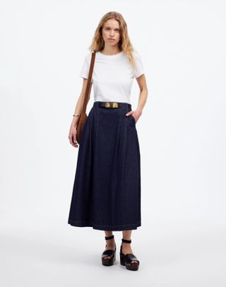 MW, Pleated Denim Midi Skirt in Essex Wash