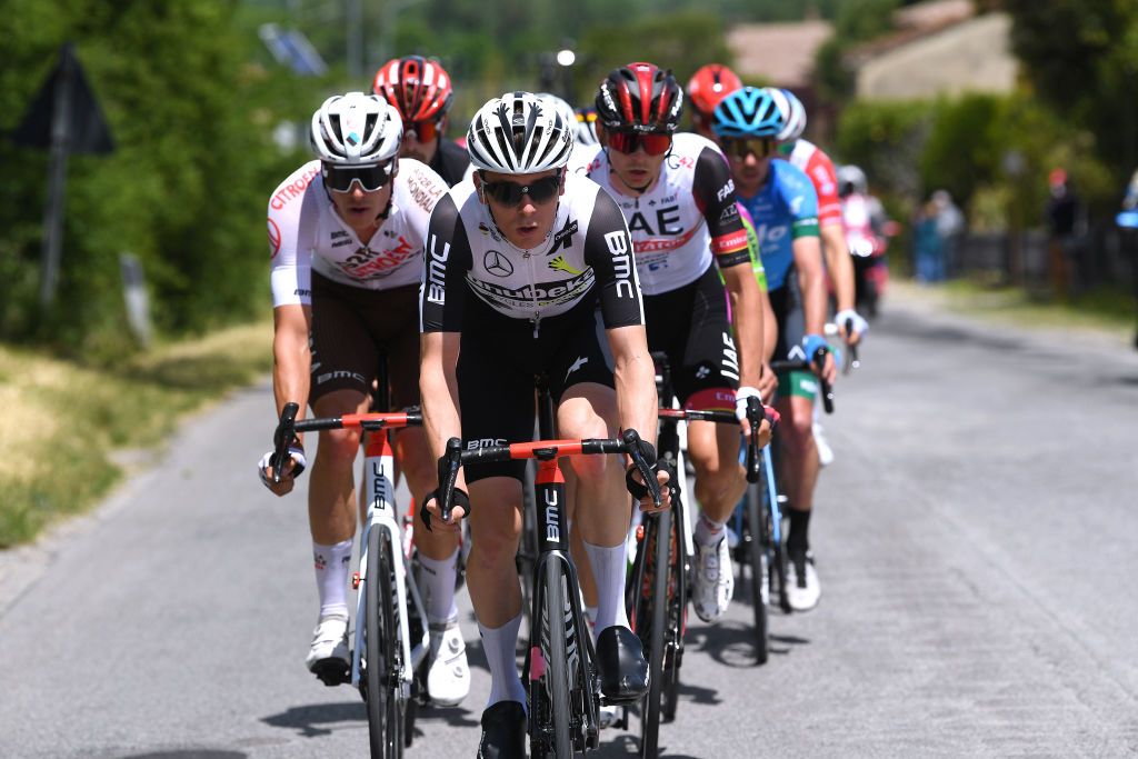 MONTALCINO ITALY MAY 19 Lawrence Naesen of Belgium and AG2R Citren Team Mauro Schmid of Switzerland and Team Qhubeka Assos in breakaway during the 104th Giro dItalia 2021 Stage 12 a 162km stage from Perugia to Montalcino 554m girodiitalia UCIworldtour Giro on May 19 2021 in Montalcino Italy Photo by Tim de WaeleGetty Images