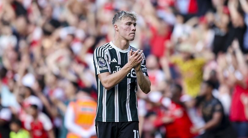 Manchester United striker Rasmus Hojlund applauds the club&#039;s supporters after the 3-1 defeat by Arsenal in September 2023