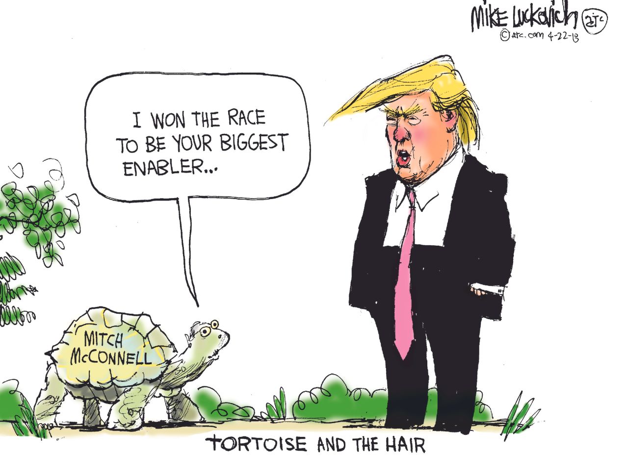 Political cartoon U.S. Trump Mitch McConnell Mueller Russia investigation Tortoise and the Hare