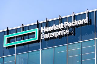 Hewlett Packard Enterprise (HPE) logo on a glass building