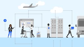 Whitepaper cover with illustration of connecting images of a female worker, colleagues in an office, an aeroplane, a man next to servers in a lab coat, and female carrying a box to a truck
