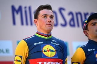 MILAN ITALY MARCH 15 Mads Pedersen of Denmark and Team Lidl Trek during the 115th MilanoSanremo 2024 Team Presentation at Piazza della Vittoria UCIWT on March 15 2024 in Milan Italy Photo by Dario BelingheriGetty Images
