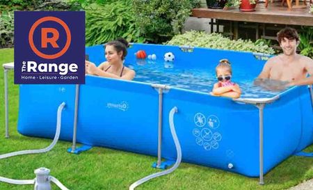 the range logo top left with a family in a flatable pool