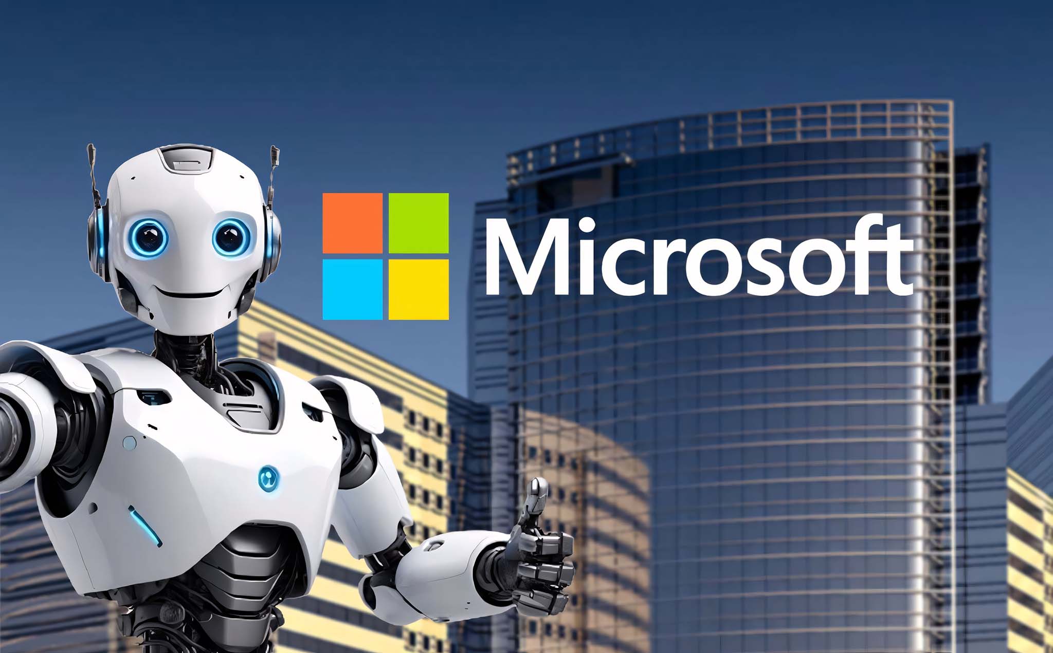 Robot parado frente a la ciudad con el logo de Microsoft