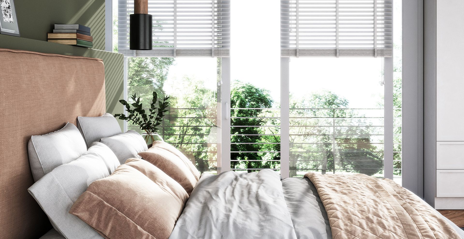 green bedroom with French doors open to help cool a room down