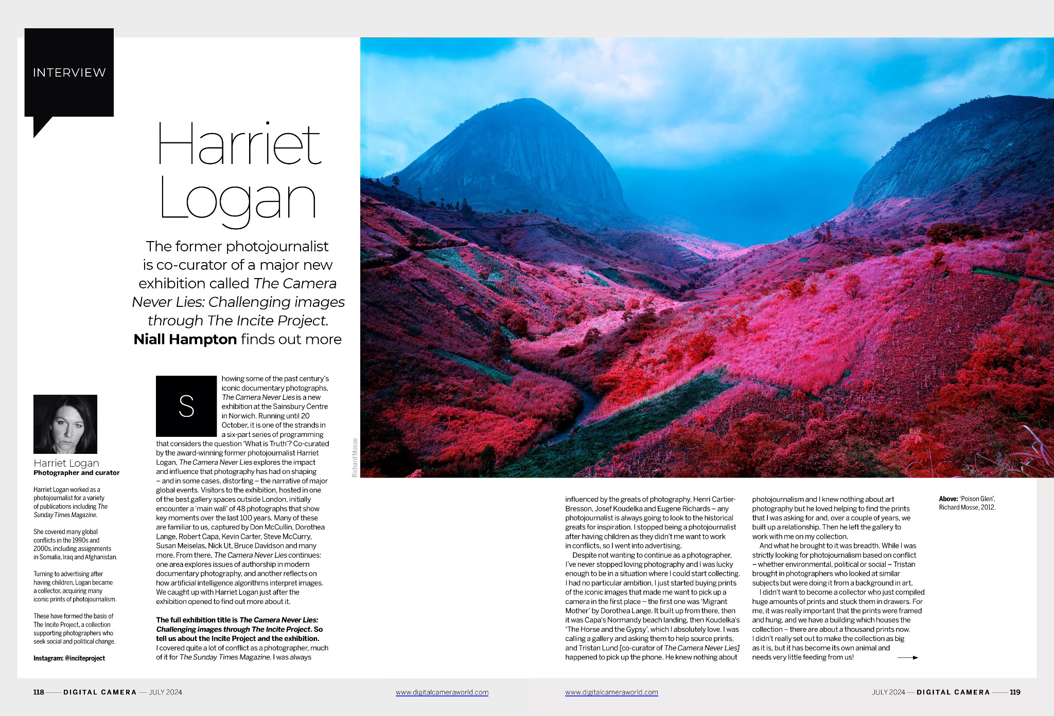Opening two pages of the main interview, with photography curator and former photojournalist Harriet Logan, in the July 2024 issue of Digital Camera magazine