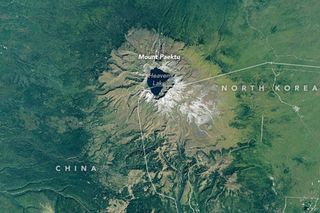This volcano on the border of China and North Korea is Paektu, or Baekdu, Mountain. It has long been a sacred place in Korean mythology and was said to be the birthplace of Dangun, the founder of the first Korean kingdom.