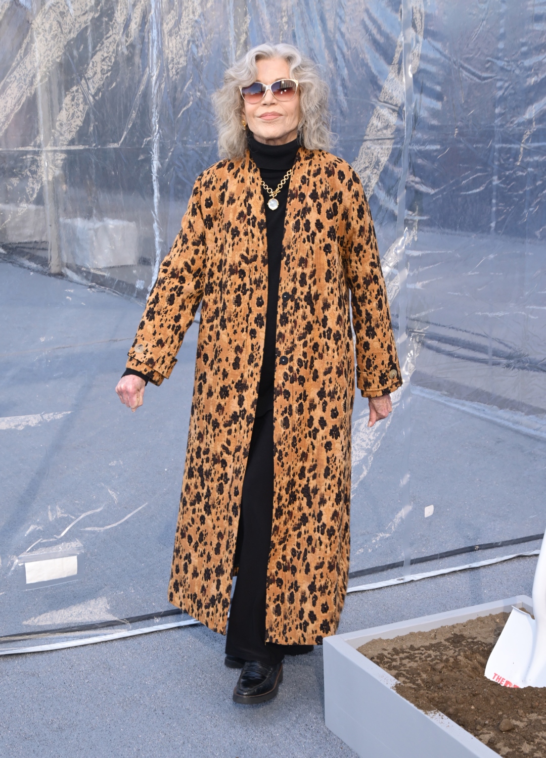 Jane Fonda wearing floral coat