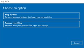 A screenshot of a menu in Windows 10 showing various options for resetting the operating system
