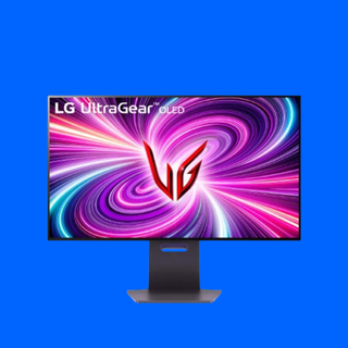 LG UltraGear 32GS95UE on a blue background