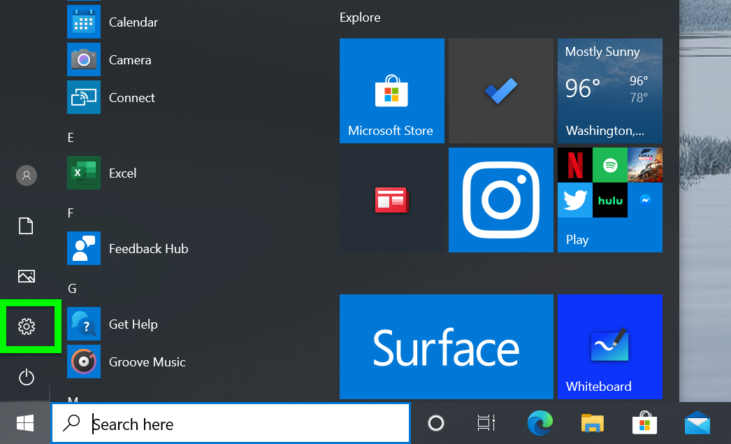 Windows 10 new start menu how to - select settings