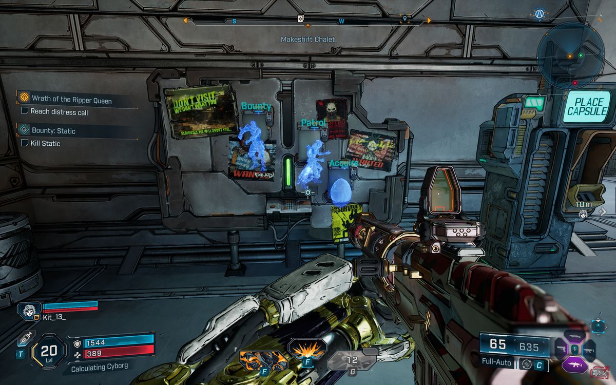 Borderlands 4 XP farms: A player looking at a contracts board inside the Makeshift Chalet safehouse.